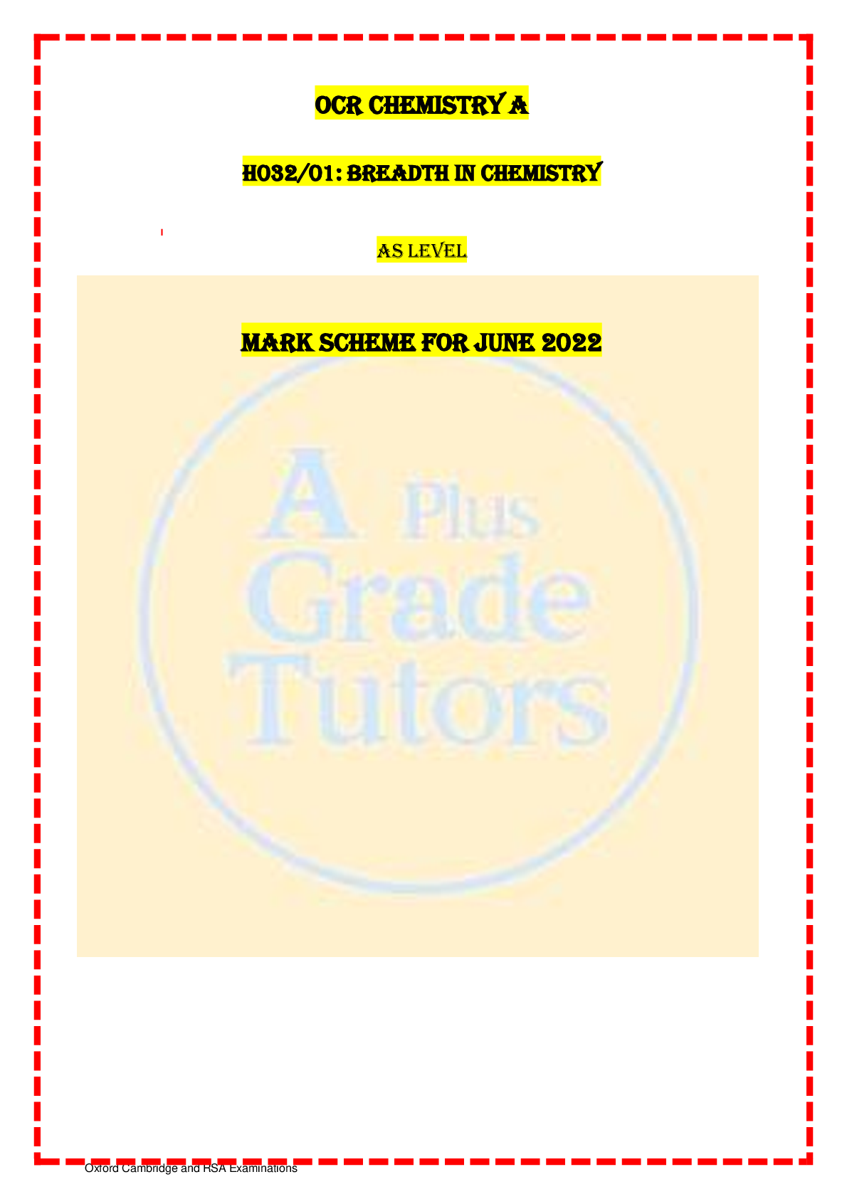 Preview image for OCR Chemistry A  H032/01: Breadth in chemistry  AS Level   Mark Scheme for June 2022  